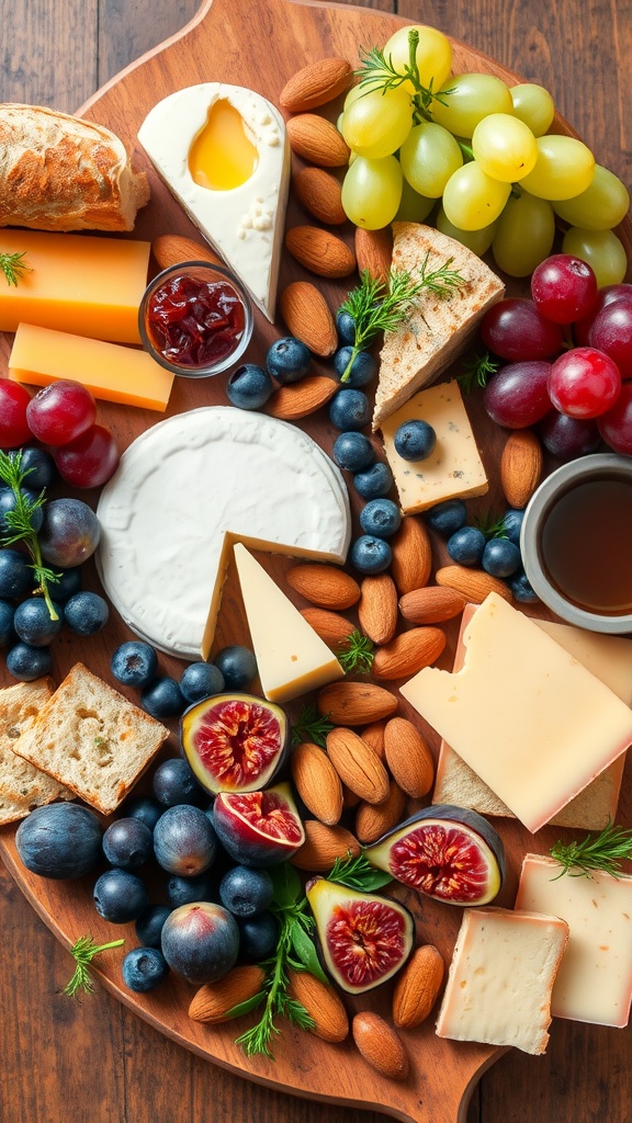 A beautifully arranged cheese tray with various cheeses, fruits, nuts, and spreads on a rustic board.